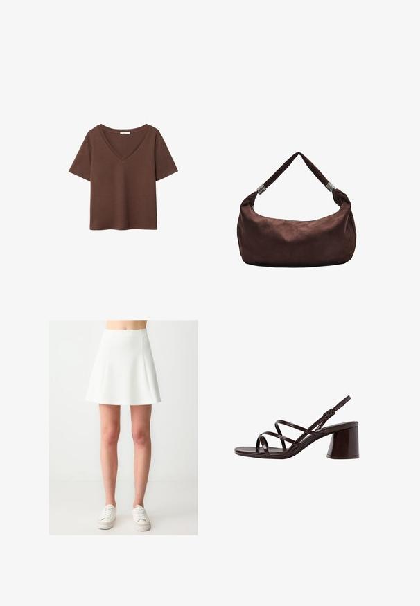 T-shirt in cotone marrone con maniche corte e scollo a V profondo. Design semplice, texture morbida e orlo dritto. Senza fantasie o dettagli.; Gonna mini bianca a campana realizzata in un tessuto liscio e elastico, con una vita alta e senza motivi o decorazioni visibili, abbinata a sneakers bianche.; Sandalo con tacco alto e cinturini marrone, dotato di un tacco spesso, con una finitura liscia e lucida e numerosi cinturini incrociati sulla parte superiore.; Borsa a spalla in suede marrone con chiusura a zip, caratterizzata da una tracolla attorcigliata decorata con accenti metallici per un trasporto sicuro.