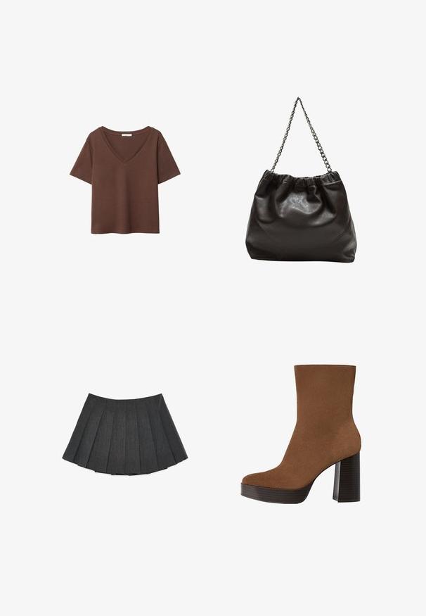 Brązowy bawełniany t-shirt z krótkimi rękawami i głębokim dekoltem w kształcie litery V. Prosty design, miękka faktura i prosty krój u dołu. Brak wzorów i akcentów.; Plisowana spódnica w ciemnoszarym kolorze, wykonana z teksturowanej tkaniny. Charakteryzuje się rozkloszowanym krojem z równomiernie rozmieszczonymi plisami i płaskim paskiem w talii.; Brązowe zamszowe botki sięgające kostki z zaokrąglonym noskiem, masywnym czarnym paskiem na obcasie i gładką powierzchnią. Charakteryzują się dopasowanym krojem bez widocznych elementów metalowych.; Brązowa skórzana torba z marszczonym szczytem i łańcuszkowym paskiem. Gładka tekstura z błyszczącym wykończeniem i subtelnymi detalami szwów po bokach.