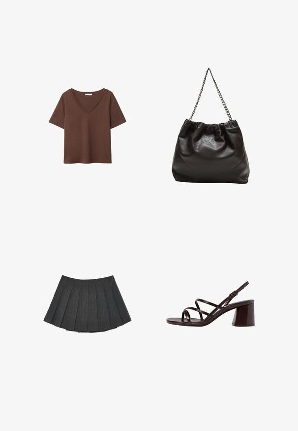 Brun bomulds t-shirt med korte ærmer og dyb V-hals. Enkel design, blød tekstur og lige kant. Ingen mønstre eller detaljer.; Plisseret nederdel i mørkegrå, lavet af et tekstureret stof. Har en svungen silhuet med jævnt fordelt plisseringer og et fladt taljebånd.; Brune strop sandal med høj hæl og kraftig hæl, der har en glat, blank finish og flere krydskrydsede stropper på overdelen.; Brun lædertaske med en rynket top og en kædestrop. Glat tekstur med en blank finish og subtile sømdetaljer på siderne.