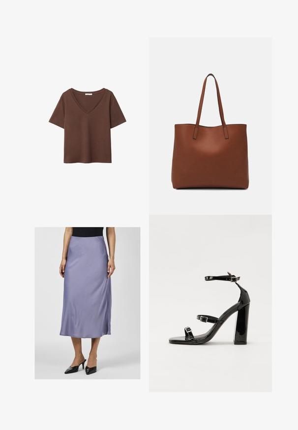 Brązowy bawełniany t-shirt z krótkimi rękawami i głębokim dekoltem w kształcie litery V. Prosty design, miękka faktura i prosty krój u dołu. Brak wzorów i akcentów.; Sukienka midi z satyny w delikatnym lawendowym kolorze, gładka tekstura, z bocznym rozcięciem, noszona z czarnymi mule na obcasie. Na górze dopasowana czarna koszula.; Czarne lakierowane sandały na obcasie z kwadratowym noskiem, z paskami wokół kostki i srebrnymi klamrami. Posiadają masywny słupek dla stabilności.; Brązowa skórzana torba tote o gładkiej fakturze, z otwartym wierzchem i dwoma ramiączkami. Charakteryzuje się minimalnym przeszyciem i brakiem widocznych elementów metalowych.