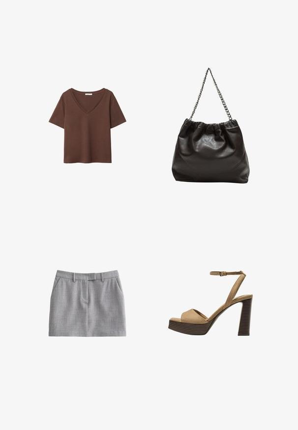 T-shirt en coton brun avec des manches courtes et un décolleté en V profond. Design simple, texture douce et ourlet droit. Pas de motifs ni d'accents.; Shorts tailleur gris avec une texture subtile, présentant un devant plat, des passants de ceinture et deux poches latérales. Design simple et fonctionnel.; Sandales à talons hauts en suede beige avec une large bride avant et une bride à la cheville, dotées d'un chunky talon en bois avec une finition texturée.; Sac en cuir marron avec un haut froncé et une bandoulière en chaîne. Texture lisse avec une finition brillante et des coutures subtiles sur les côtés.