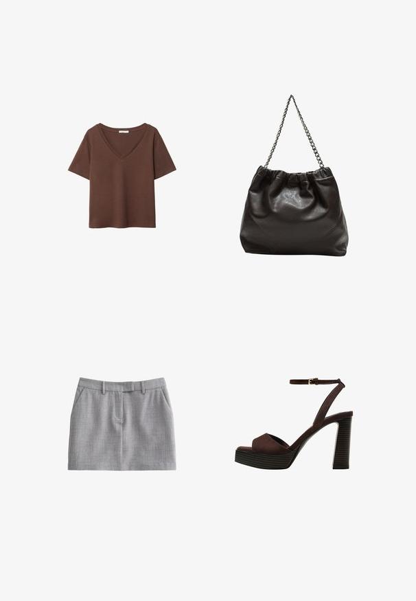 Brun bomulls t-shirt med korta ärmar och djup V-ringning. Enkel design, mjuk textur och rak fåll. Inga mönster eller dekorationer.; Grå skräddarsydda shorts med en subtil struktur, med slät front, bältesslingor och två sidofickor. Enkel och funktionell design.; Bruna mocka högklackade sandaler med öppen tå, justerbar vristrem och en randig plattformssula.; Brun läderväska med rynkad topp och kedjesnodd. Slät textur med en blankslipad yta och subtila sömdetaljer på sidorna.