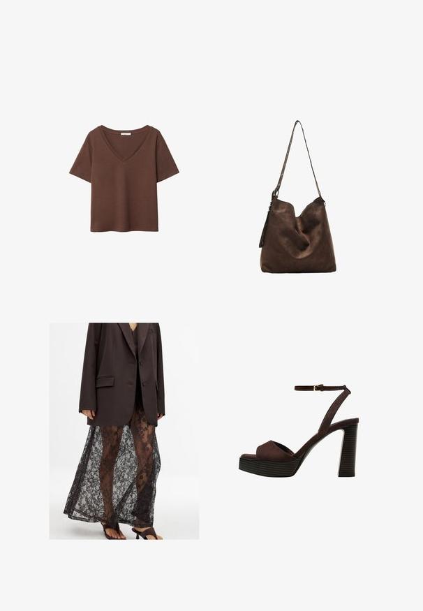 T-shirt en coton brun avec des manches courtes et un décolleté en V profond. Design simple, texture douce et ourlet droit. Pas de motifs ni d'accents.; Blazer marron surdimensionné sur une jupe en dentelle noire transparente avec des motifs floraux, associé à des sandales à talons noires.; Sandale à talons hauts en suede marron avec un bout ouvert, une bride de cheville réglable et une semelle de plateforme rayée.; Sac hobo en suède marron avec un haut courbé, une longue bandoulière avec des accents de points, et une texture douce. Présente un design décontracté pour une utilisation informelle.