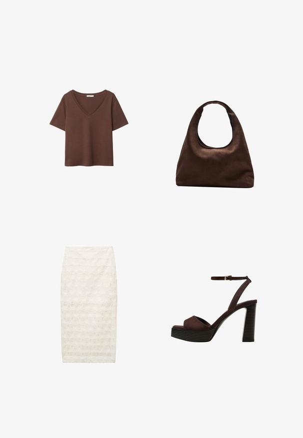 Rjava bombažna majica s kratkimi rokavi in globokim V-izrezom. Preprost dizajn, mehak material in raven rob. Brez vzorcev ali dekorativnih elementov.; Bela svilenkaasta krilo z teksturiranim cvetličnim vzorcem, srednje dolžine, z ozkim krojem. Narejeno iz lahkotnega materiala z rahlim leskom.; Rjave semiš sandale z visoko peto, odprto spredaj, z nastavljivim gležnjenjem in črtastim podplatom.; Mehakna rjava torbica v hobo stilu z enim širokim trakom in ukrivljenim odprtjem na vrhu, prikazana na beli podlagi.