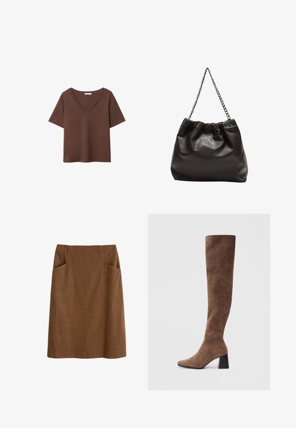 Hnedé bavlnené tričko s krátkymi rukávmi a hlbokým V-výstrihom. Jednoduchý dizajn, jemná textúra a rovný lem. Bez vzorov alebo akcentov.; Hnedá bavlnená sukňa s priliehavým pásom, dvoma bočnými vreckami a rovný strih. Textília má jemnú štruktúru a subtílny lesk.; Hnedé nadkolenné bootky vyrobené z mäkkého semišu, s špicatou špičkou a masívnym čiernym podpätkom. Dizajn obsahuje bezšvové šitie pre elegantný vzhľad.; Hnedá kožená taška so zberaným vrchom a reťazovým popruhom. Hladký povrch s lesklým finišom a jemným švom po stranách.