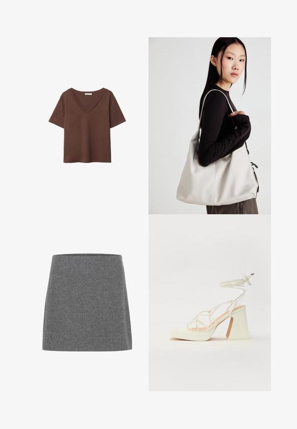 Ruskea puuvillapaita, jossa on lyhyet hihat ja syvä V-kaula-aukko. Yksinkertainen muotoilu, pehmeä rakenne ja suora helma. Ei kuvioita tai yksityiskohtia.; Hame mini harmaa huopaa, joka on suoranmallinen ja sileä tekstuuriltaan, leveällä vyötärönauhalla ja ilman näkyviä saumoja tai koristeluja.; Valkoinen korkokenkä, jossa on paksu korko, ja joka sisältää nauhakiinnityksen ja nilkkaketjun. Sujuva pinta, jossa on platform-etupohja lisäkorkeutta varten.; Beige laukku, joka on valmistettu pehmeästä materiaalista, ja siinä on rento muotoilu, ommeltu yksityiskohtia ja kaksi olkahihnaa. Sopii päivittäiseen käyttöön.