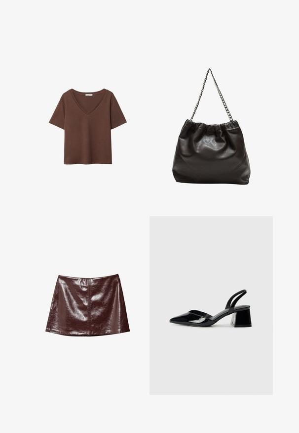 Brązowy bawełniany t-shirt z krótkimi rękawami i głębokim dekoltem w kształcie litery V. Prosty design, miękka faktura i prosty krój u dołu. Brak wzorów i akcentów.; Lśniąca, ciemnobrązowa mini spódnica z sztucznej skóry z centralnym szwem i lekko rozkloszowanym fasonem.; Czarne lakierowane półbuty na obcasie z wydłużonym noskiem i geometrycznym słupkiem. Charakteryzują się eleganckim, minimalistycznym designem oraz gładką fakturą.; Brązowa skórzana torba z marszczonym szczytem i łańcuszkowym paskiem. Gładka tekstura z błyszczącym wykończeniem i subtelnymi detalami szwów po bokach.