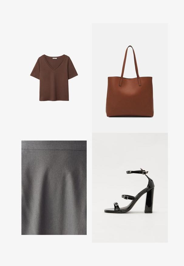 Rjava bombažna majica s kratkimi rokavi in globokim V-izrezom. Preprost dizajn, mehak material in raven rob. Brez vzorcev ali dekorativnih elementov.; Sivkasta tkanina z gladko, enotno teksturo. Nežna sijaja poudarjajo čiste linije in gube, kar nakazuje strukturiran dizajn. Ni vidnih vzorcev ali tiskov.; Črne lakirane sandale s peto, kvadratnim prstom, trakovi okrog gležnja in srebrnimi zaponkami. Opremljene so s stabilno Debelo peto.; Rjava usnjena torba z gladko teksturo, odprto zasnovo zgoraj in dvema naramnima trakovoma. Opremljena je z minimalnim šivanjem in brez vidnih kovinskih delov.