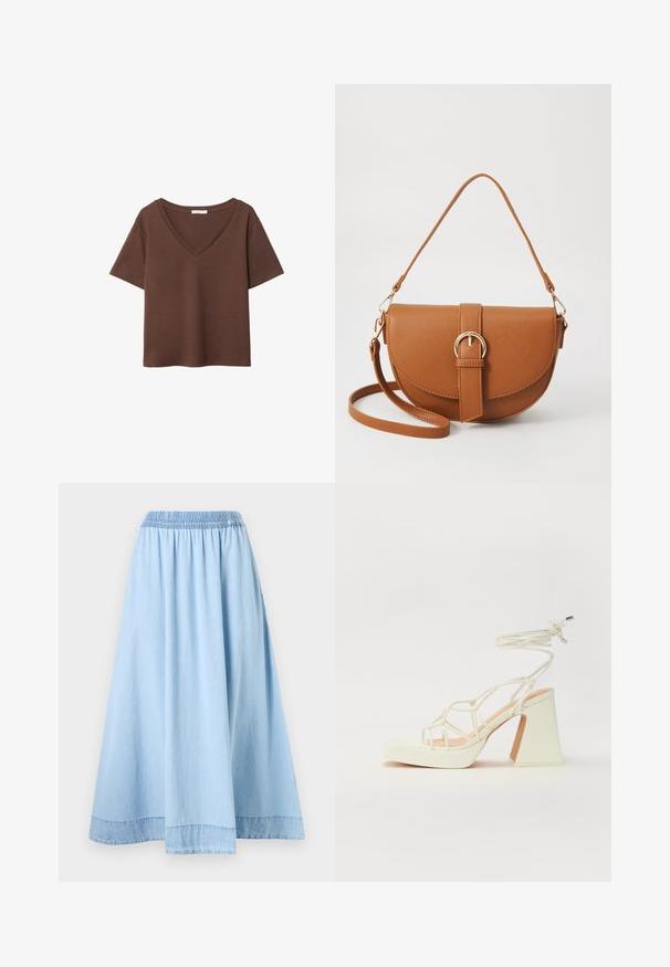 Brun bomulls t-shirt med korta ärmar och djup V-ringning. Enkel design, mjuk textur och rak fåll. Inga mönster eller dekorationer.; Ljusblå denimkjol med elastisk midja, hel A-linjeform och diskret sömnad i fållen för extra detalj. Mjuk, slät textur.; Vit högklackad sandal med en kraftig klack, med ett remdesign och ankelband. Slät textur med en plattform framtill för ökad höjd.; Brun läder crossbody-väska med en böjd form, gyllene detaljer och en spänneaccent. Har en avtagbar axelrem.