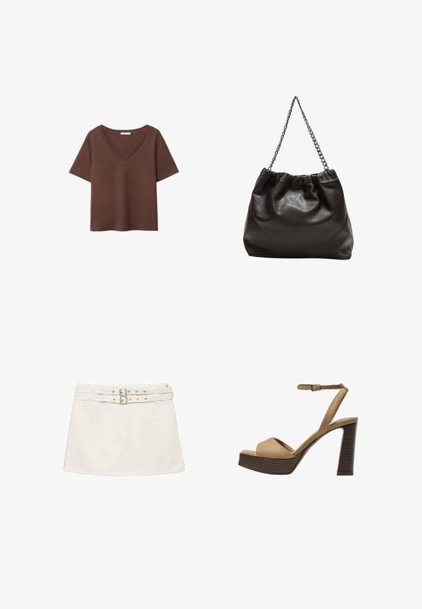 Bruine katoenen t-shirt met korte mouwen en een diepe V-hals. Eenvoudig ontwerp, zachte textuur en rechte zoom. Geen patronen of accenten.; Witte denim mini-jurk met een dubbele riem in de taille, voorzien van zilveren hardware en een vlakke, soepele textuur. Eenvoudig, casual ontwerp.; Beige suède hoge hakken sandalen met een brede voorband en enkelband, met een dikke houten blokhak met een gestructureerde afwerking.; Bruine leren tas met een geplooide bovenkant en een kettinghengsel. Glad textuur met een glanzende afwerking en subtiele naaddetails aan de zijkanten.