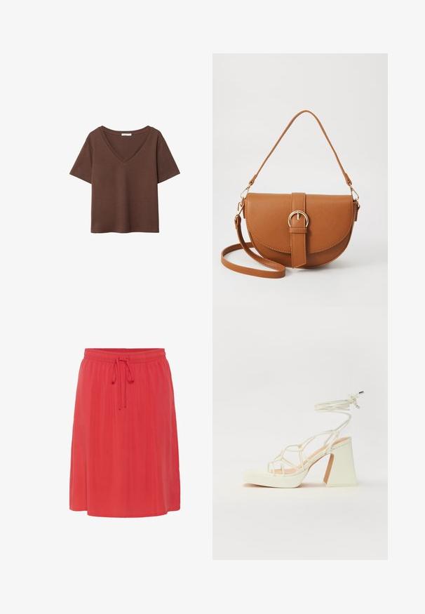 Braunes Baumwoll-T-Shirt mit kurzen Ärmeln und tiefem V-Ausschnitt. Einfaches Design, weiche Textur und gerade Saumlinie. Keine Muster oder Akzente.; Knielanger, korallenfarbener Rock mit einer weichen, fließenden Textur. Verfügt über einen elastischen Bund mit Kordelzug für eine verstellbare Passform.; Weiße High-Heel-Sandale mit einem klobigen Absatz, die über ein Riemchendesign und ein Knöchelband verfügt. Glatte Textur mit einer Plattform vorne für zusätzliche Höhe.; Braune Leder-Crossbody-Tasche mit geschwungener Form, goldfarbenen Beschlägen und einer Schnallenakzentuierung. Verfügt über einen abnehmbaren Schultergurt.