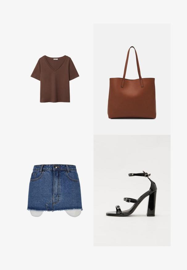 Smeđa pamučna majica kratkih rukava s dubokim V-izrezom. Jednostavan dizajn, mekana tekstura i ravni rub. Bez uzoraka ili naglasaka.; Denim suknja, srednje plava boja, klasičan dizajn s pet džepova, izrezani rub, kontrastno šivanje, metalna kopča, unutarnja podstava vidljiva.; Crne lakirane sandale na pete sa kvadratnim nosom, trakama oko gležnja i srebrnim kopčama. Imaju čvrst blok petu za stabilnost.; Smeđa kožna torba preko ramena s glatkom teksturom, otvorenim vrhom i dvjema naramenicama. Ima minimalne šavove i nema vidljivog hardvera.