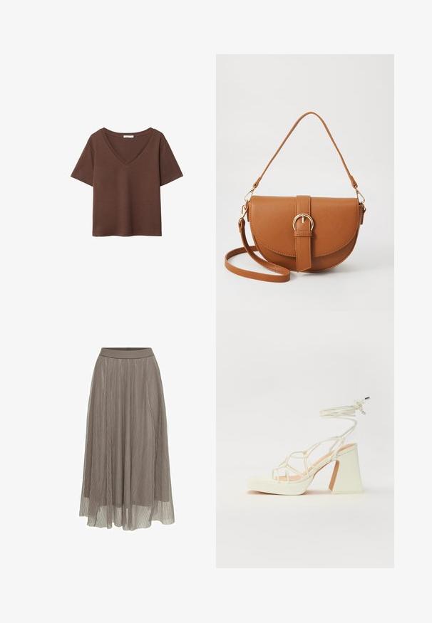 Brun bomulds t-shirt med korte ærmer og dyb V-hals. Enkel design, blød tekstur og lige kant. Ingen mønstre eller detaljer.; Plisse maxi-nederdel i taupe, med en glat talje og en flydende silhuet. Fremstillet af let, transparent materiale med fin tekstur.; Hvide højhælede sandaler med en kraftig hæl, der har et stropdesign og ankelbinding. Glat tekstur med en platform foran for ekstra højde.; Brun læder crossbody taske med en buet form, guldfarvet hardware og en spændeaccent. Har en aftagelig skulderrem.