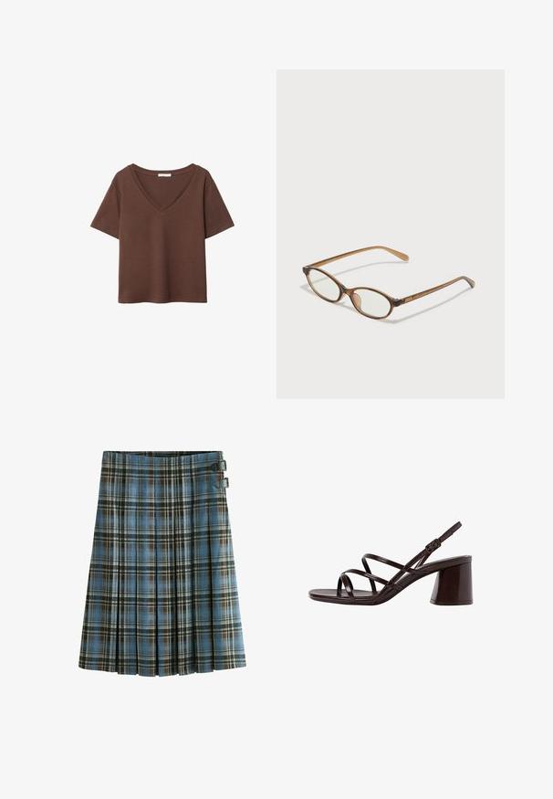 Hnedé bavlnené tričko s krátkymi rukávmi a hlbokým V-výstrihom. Jednoduchý dizajn, jemná textúra a rovný lem. Bez vzorov alebo akcentov.; Károvaná sukňa v odtieňoch modrej, hnedej a čiernej. Obsahuje skladanie a dva čierne pracky na páse. Vyrobená z textilu z tkaného materiálu.; Hnedé sandále na vysokom opätku s hrubým opätkom, s hladkým a lesklým povrchom a viacerými krížovými pásikmi na hornej časti.; Hnedé želvovinové okuliare s oválnymi sklíčkami, tenkými ramenami a priesvitnými akcentmi. Obsahujú jemný logo na stranici. Štýlový, ľahký dizajn.