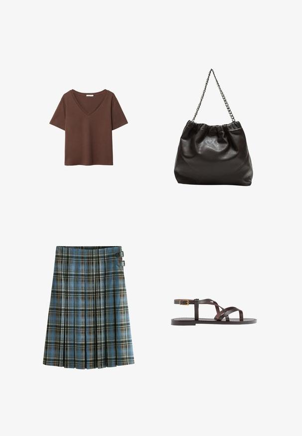 Braunes Baumwoll-T-Shirt mit kurzen Ärmeln und tiefem V-Ausschnitt. Einfaches Design, weiche Textur und gerade Saumlinie. Keine Muster oder Akzente.; Karierter Rock in Blau-, Braun- und Schwarztönen. Mit Falten und zwei schwarzen Schnallen als Akzent an der Taille. Aus gewobener Stoff gefertigt.; Braune Leder-Sandale mit überkreuzten Riemen, einem Knöchelriemen mit Schnalle und einer flachen Sohle mit minimalen Nähdetails.; Braune Lederhandtasche mit gerafftem Oberteil und Kettenriemen. Glatte Textur mit glänzendem Finish und subtilen Nahtdetails an den Seiten.