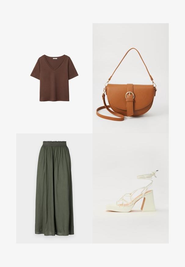 Braunes Baumwoll-T-Shirt mit kurzen Ärmeln und tiefem V-Ausschnitt. Einfaches Design, weiche Textur und gerade Saumlinie. Keine Muster oder Akzente.; Dunkelgrüner Maxikilt aus leichtem Stoff, mit einem gerafften Elastikbund und einem fließenden Design mit Falten.; Weiße High-Heel-Sandale mit einem klobigen Absatz, die über ein Riemchendesign und ein Knöchelband verfügt. Glatte Textur mit einer Plattform vorne für zusätzliche Höhe.; Braune Leder-Crossbody-Tasche mit geschwungener Form, goldfarbenen Beschlägen und einer Schnallenakzentuierung. Verfügt über einen abnehmbaren Schultergurt.