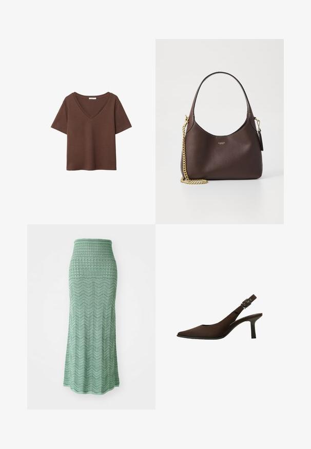 Hnedé bavlnené tričko s krátkymi rukávmi a hlbokým V-výstrihom. Jednoduchý dizajn, jemná textúra a rovný lem. Bez vzorov alebo akcentov.; sandro Maxisukňa - menthe à l'eau; Hnedé semišové slingback lodičky s ostrou špičkou, štíhlym dizajnom, tenkým opätkom a sponou na remienku okolo členka.; COACH BROOKLYN SHOULDER BAG 23 - Kabelka - maple