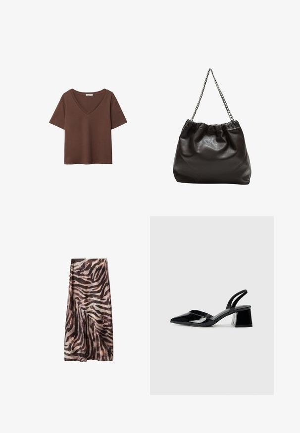 Brun bomulls t-shirt med korta ärmar och djup V-ringning. Enkel design, mjuk textur och rak fåll. Inga mönster eller dekorationer.; Lång kjol i ett genomskinligt, lätt tyg med ett svart och brunt zebrafigur-mönster. Rak skärning med en A-linje-silhuett.; Svarta lackläder slingback klackar med spetsig tå och geometrisk klack. Har en elegant, minimalistisk design och slät yta.; Brun läderväska med rynkad topp och kedjesnodd. Slät textur med en blankslipad yta och subtila sömdetaljer på sidorna.