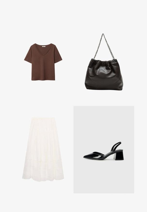 Brown cotton t-shirt with short sleeves and a deep V-neck. Simple design, soft texture, and straight hemline. No patterns or accents.; White, midi-length skirt made of lightweight fabric with a gathered waist, featuring subtle horizontal seam details and a flowy silhouette.; Black patent leather slingback heels with a pointed toe and a geometric block heel. Features a sleek, minimal design and smooth texture.; Brown leather bag with a gathered top and a chain strap. Smooth texture with a glossy finish and subtle seam detailing on the sides.