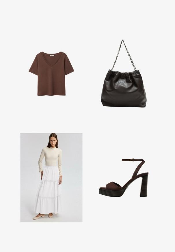 Hnědý bavlněný tričko s krátkými rukávy a hlubokým V-výstřihem. Jednoduchý design, měkká textura a rovný lem. Žádné vzory ani akcenty.; Béžové dlouhé rukávy tričko s volány na manžetách v kombinaci s bílou maxi sukní s řasenými švy. Modelka má na sobě béžové boty na blokovém podpatku.; Hnědé semišové sandály na vysokém podpatku s otevřenou špičkou, nastavitelným páskem kolem kotníku a proužkovou platformou.; Hnědá kožená taška se sbíraným vrškem a řetízkovým popruhem. Hladký povrch s lesklým finišem a jemným švem na bocích.