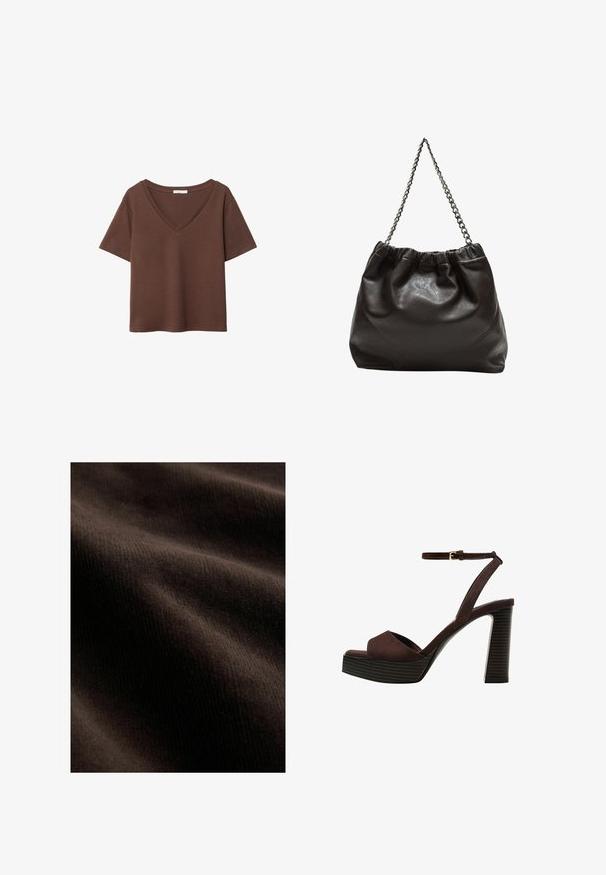 Bruine katoenen t-shirt met korte mouwen en een diepe V-hals. Eenvoudig ontwerp, zachte textuur en rechte zoom. Geen patronen of accenten.; Donkergubben stof met een gladde textuur, met subtiele richels en golven die diepte en dimensie aan het materiaal geven.; Bruine suède high-heeled sandaal met een open teen, verstelbare enkelband en een gestreepte plateauzool.; Bruine leren tas met een geplooide bovenkant en een kettinghengsel. Glad textuur met een glanzende afwerking en subtiele naaddetails aan de zijkanten.