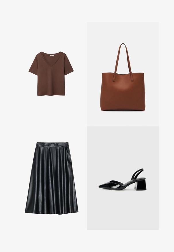 T-shirt in cotone marrone con maniche corte e scollo a V profondo. Design semplice, texture morbida e orlo dritto. Senza fantasie o dettagli.; Gonna nera in eco-pelle a forma di A con una superficie liscia e lucida, caratterizzata da un design plissettato e una vita elastica per il massimo comfort.; Décolleté in vernice nera con punta affusolata e tacco in geometria cubica. Presentano un design elegante e minimalista, con una texture liscia.; Borsa tote in pelle marrone con texture liscia, design con apertura superiore e due spallacci. Presenta cuciture minime e nessun hardware visibile.