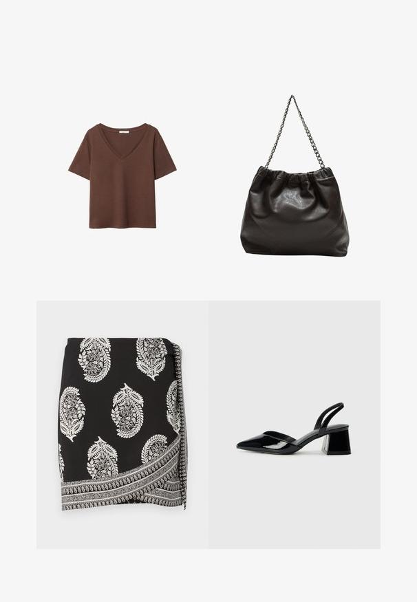 Smeđa pamučna majica kratkih rukava s dubokim V-izrezom. Jednostavan dizajn, mekana tekstura i ravni rub. Bez uzoraka ili naglasaka.; Crna suknja s omotavanjem s bijelim paisley uzorcima i detaljnim obrubom. Izrađena od lagane tkanine s glatkom teksturom.; Crne lakirane kožne sandale s otvorenom petom i špicastim vrhom, s geometrijskom blok petom. Imaju elegantan, minimalistički dizajn i glatku teksturu.; Smeđa kožna torba s naboranim vrhom i lančićem za nošenje. Glatka tekstura s sjajnim završetkom i suptilnim šavnim detaljima sa strane.