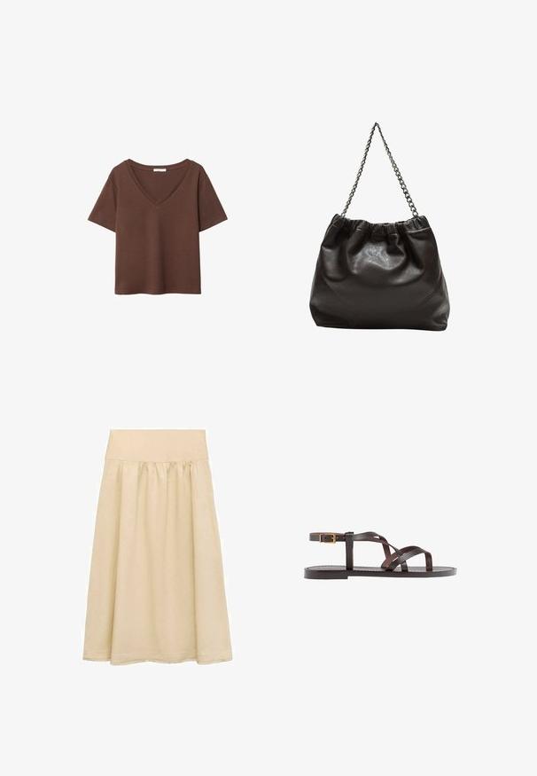Brun bomulls t-shirt med korta ärmar och djup V-ringning. Enkel design, mjuk textur och rak fåll. Inga mönster eller dekorationer.; Beige midi-kjol gjord av lättviktsmaterial, med elastisk midja, samlad design och en nederkant med subtila fransdetaljer.; Bruna lädersandaler med korsade remmar, spänne runt vristen och en platt sula med minimala sömnadsdetaljer.; Brun läderväska med rynkad topp och kedjesnodd. Slät textur med en blankslipad yta och subtila sömdetaljer på sidorna.