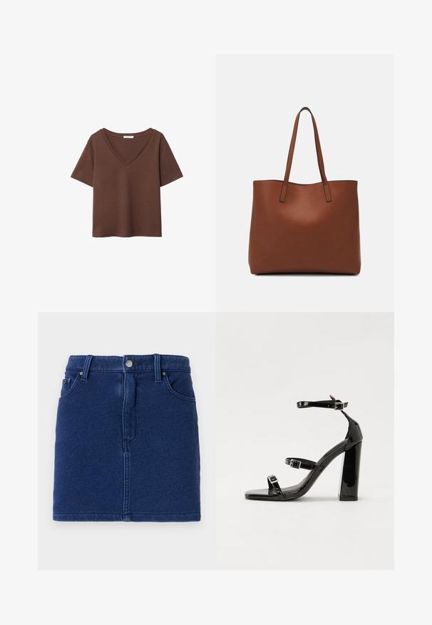 Smeđa pamučna majica kratkih rukava s dubokim V-izrezom. Jednostavan dizajn, mekana tekstura i ravni rub. Bez uzoraka ili naglasaka.; Traper suknja u tamnoplavoj boji s prilagođenim dizajnom, prednjim zatvaranjem na dugmad i dva bočna džepa. Sadrži vidljive šavove i ravni rub.; Crne lakirane sandale na pete sa kvadratnim nosom, trakama oko gležnja i srebrnim kopčama. Imaju čvrst blok petu za stabilnost.; Smeđa kožna torba preko ramena s glatkom teksturom, otvorenim vrhom i dvjema naramenicama. Ima minimalne šavove i nema vidljivog hardvera.
