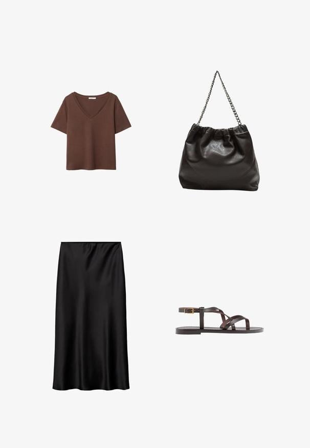 Brązowy bawełniany t-shirt z krótkimi rękawami i głębokim dekoltem w kształcie litery V. Prosty design, miękka faktura i prosty krój u dołu. Brak wzorów i akcentów.; Czarna satynowa spódnica o gładkiej, błyszczącej teksturze, z prostym krojem oraz elastycznym pasem dla pewnego dopasowania.; Brązowe skórzane sandały z krzyżującymi się paskami, zapięciem na klamrę przy kostce oraz płaską podeszwą z minimalnymi detalami szycia.; Brązowa skórzana torba z marszczonym szczytem i łańcuszkowym paskiem. Gładka tekstura z błyszczącym wykończeniem i subtelnymi detalami szwów po bokach.