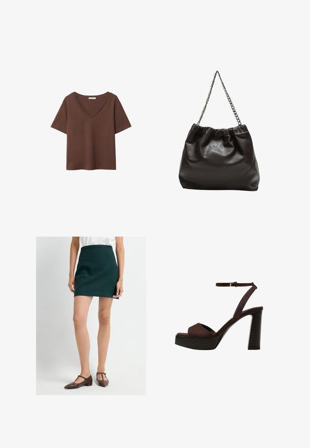 Bruine katoenen t-shirt met korte mouwen en een diepe V-hals. Eenvoudig ontwerp, zachte textuur en rechte zoom. Geen patronen of accenten.; Groene minirok met een gladde textuur en een gestructureerde tailleband, gecombineerd met bruine T-strap schoenen met een slangenhuidpatroon.; Bruine suède high-heeled sandaal met een open teen, verstelbare enkelband en een gestreepte plateauzool.; Bruine leren tas met een geplooide bovenkant en een kettinghengsel. Glad textuur met een glanzende afwerking en subtiele naaddetails aan de zijkanten.
