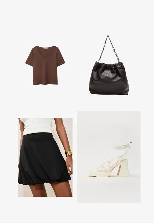 T-shirt in cotone marrone con maniche corte e scollo a V profondo. Design semplice, texture morbida e orlo dritto. Senza fantasie o dettagli.; Gonna nera a tubino con orlo arricciato, realizzata in un tessuto liscio. Indossata con una maglietta color crema e un bracciale d'oro al polso.; Sandalo bianco con tacco alto, caratterizzato da un design a cinturini e un legaccio alla caviglia. Texture liscia con una piattaforma frontale per un'altezza aggiuntiva.; Borsa in pelle marrone con parte superiore arricciata e tracolla a catena. Texture liscia con finitura lucida e dettagli di cucitura sottili sui lati.