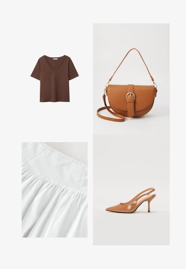 Brązowy bawełniany t-shirt z krótkimi rękawami i głębokim dekoltem w kształcie litery V. Prosty design, miękka faktura i prosty krój u dołu. Brak wzorów i akcentów.; Biała spódnica z dopasowanym topem i marszczoną teksturą. Wykonana z lekkiego materiału, charakteryzująca się subtelnymi szwami i miękkim, płynącym drapowaniem.; Sandały na obcasie z kwadratowym noskiem, wykonane z gładkiego, błyszczącego materiału w kolorze brązowym. Charakteryzują się zaokrąglonym wycięciem i smukłym obcasem typu stiletto. Detal w postaci srebrnej klamry.; Brązowa skórzana torba na ramię o zaokrąglonym kształcie, ze złotymi akcentami i zapięciem w formie klamry. Posiada odpinany pasek na ramię.