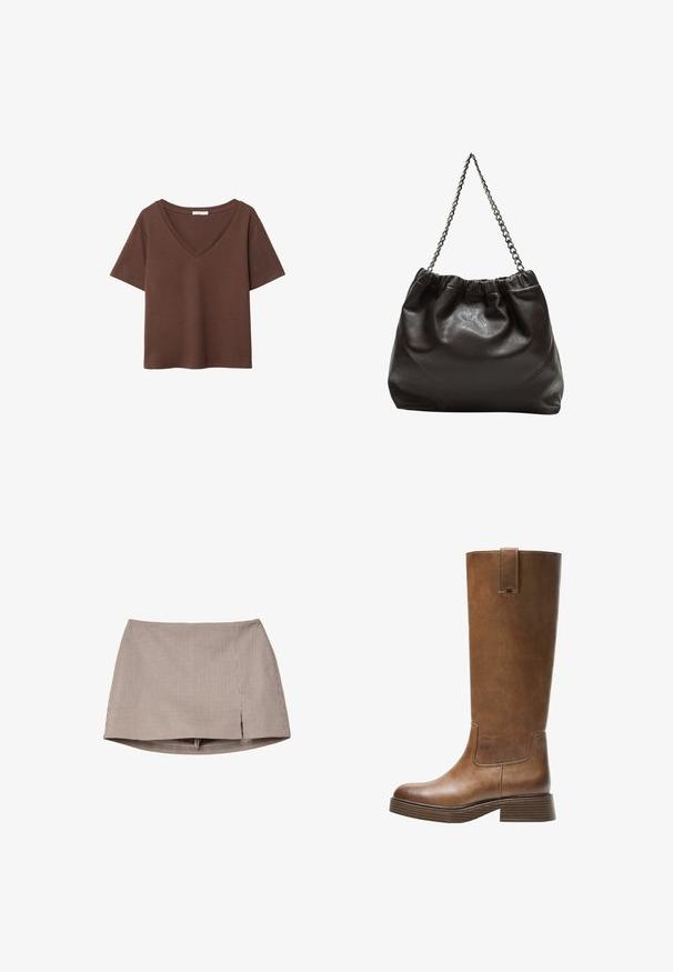 T-shirt in cotone marrone con maniche corte e scollo a V profondo. Design semplice, texture morbida e orlo dritto. Senza fantasie o dettagli.; Mini gonna a quadretti marrone e bianco con una fessura frontale, esposta piatta su uno sfondo bianco.; Stivale marrone in pelle alto fino al ginocchio, con punta tonda, superficie testurizzata e tacco basso impilato. Presenta un pannello laterale e una linguetta di apertura in cima.; Borsa in pelle marrone con parte superiore arricciata e tracolla a catena. Texture liscia con finitura lucida e dettagli di cucitura sottili sui lati.