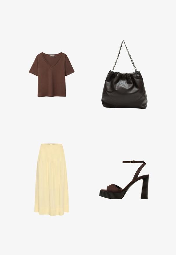 Hnedé bavlnené tričko s krátkymi rukávmi a hlbokým V-výstrihom. Jednoduchý dizajn, jemná textúra a rovný lem. Bez vzorov alebo akcentov.; My Essential Wardrobe Maxisukňa - double cream; Hnedé semišové sandále na vysokom podpätku s otvorenou špičkou, nastaviteľným členkovým remienkom a pruhovanou platformovou podrážkou.; Hnedá kožená taška so zberaným vrchom a reťazovým popruhom. Hladký povrch s lesklým finišom a jemným švom po stranách.