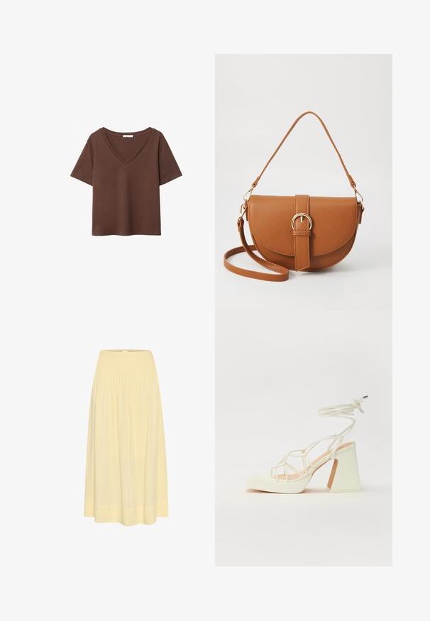 Hnedé bavlnené tričko s krátkymi rukávmi a hlbokým V-výstrihom. Jednoduchý dizajn, jemná textúra a rovný lem. Bez vzorov alebo akcentov.; My Essential Wardrobe Maxisukňa - double cream; Biele sandále na vysokom opätku s hrubým podpätkom, s pruhovaným dizajnom a viazaním na členku. Hladký povrch s platformou vpredu pre zvýšenú výšku.; Hnedá kožená kabelka cez telo s zakriveným tvarom, zlatými kovovými doplnkami a akcentom s prackou. Obsahuje odnímateľný ramenný popruh.