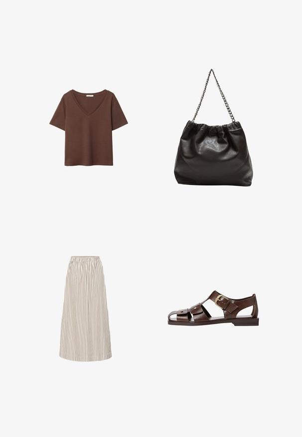 T-shirt in cotone marrone con maniche corte e scollo a V profondo. Design semplice, texture morbida e orlo dritto. Senza fantasie o dettagli.; Gonna midi A-line leggera in crema con sottili strisce verticali marroni. Presenta un elastico in vita e un tessuto morbido e fluido.; Sandal in pelle marrone con un design a intaglio, cinturino laterale regolabile e suola piatta, con dettagli metallici e punta aperta.; Borsa in pelle marrone con parte superiore arricciata e tracolla a catena. Texture liscia con finitura lucida e dettagli di cucitura sottili sui lati.