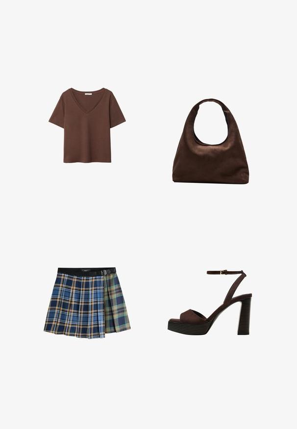 Brun bomulds t-shirt med korte ærmer og dyb V-hals. Enkel design, blød tekstur og lige kant. Ingen mønstre eller detaljer.; Plisseret miniskørt med tofarvede tern i blå, orange, grøn og marineblå, med en sort livrem og spænde.; Brune ruskinds højhælede sandal med åben tå, justerbar ankelrem og en stribet plade sål.; Blød brun hobo-stil håndtaske med en enkelt bred strop og en buet åbning på toppen, vist på en hvid baggrund.