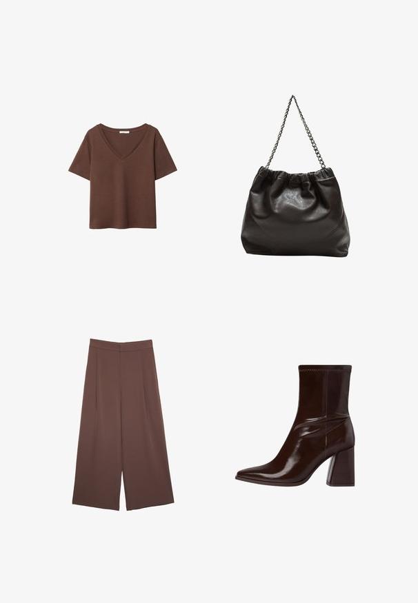T-shirt in cotone marrone con maniche corte e scollo a V profondo. Design semplice, texture morbida e orlo dritto. Senza fantasie o dettagli.; Pantaloni ampi marroni con una texture liscia, caratterizzati da una vita alta e pieghe frontali. Il tessuto è leggero e scorre liberamente.; Stivale alla caviglia in pelle verniciata marrone con punta affusolata, cavigliera elasticizzata e tacco a blocco spesso. Design elegante con superficie liscia.; Borsa in pelle marrone con parte superiore arricciata e tracolla a catena. Texture liscia con finitura lucida e dettagli di cucitura sottili sui lati.