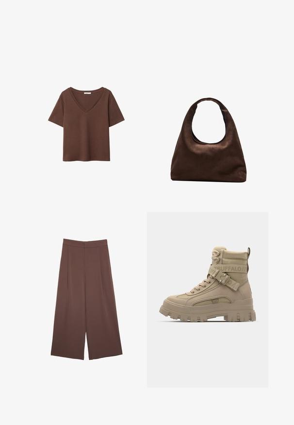 Brązowy bawełniany t-shirt z krótkimi rękawami i głębokim dekoltem w kształcie litery V. Prosty design, miękka faktura i prosty krój u dołu. Brak wzorów i akcentów.; Brązowe spodnie o szerokich nogawkach z gładką fakturą, z wysokim stanem i plisami z przodu. Materiał jest lekki i luźno opada.; Cynamonowe wysokie buty typu high-top wykonane z materiału syntetycznego, z grubą podeszwą, teksturowymi akcentami na tkaninie oraz paskiem z detalem logo.; Miękka, brązowa torebka w stylu hobo z jedną szeroką rączką i wyprofilowanym otwarciem, wyeksponowana na białym tle.