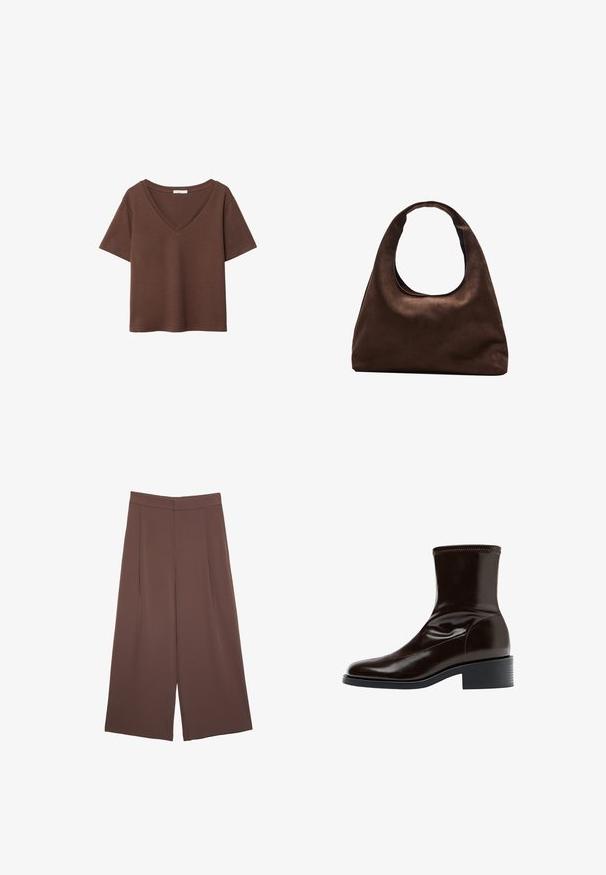 Ruskea puuvillapaita, jossa on lyhyet hihat ja syvä V-kaula-aukko. Yksinkertainen muotoilu, pehmeä rakenne ja suora helma. Ei kuvioita tai yksityiskohtia.; Ruskeat leveälahkeiset housut, joissa on sileä pinta, korkea vyötärö ja etupleat. Kangas on kevyttä ja laskeutuu väljänä.; Ruskeat nahkaiset nilkkurit, joissa on sileä pinta, neliön muotoinen kärki, teksturoitu ompelu ja matala lohkopohja. Ominaisuuksina on tyylikäs, minimalistinen muotoilu.; Pehmeä ruskea hobo-tyylinen käsilaukku, jossa on yksi leveä olkahihna ja kaareva yläosan aukko, esitelty valkoista taustaa vasten.