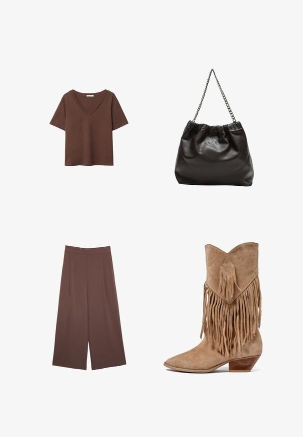 Brązowy bawełniany t-shirt z krótkimi rękawami i głębokim dekoltem w kształcie litery V. Prosty design, miękka faktura i prosty krój u dołu. Brak wzorów i akcentów.; Brązowe spodnie o szerokich nogawkach z gładką fakturą, z wysokim stanem i plisami z przodu. Materiał jest lekki i luźno opada.; Beżowe zamszowe kowbojki z frędzlami, spiczastym noskiem i niskim, ściśniętym obcasem. Posiadają rombową łatę przy mankiecie.; Brązowa skórzana torba z marszczonym szczytem i łańcuszkowym paskiem. Gładka tekstura z błyszczącym wykończeniem i subtelnymi detalami szwów po bokach.