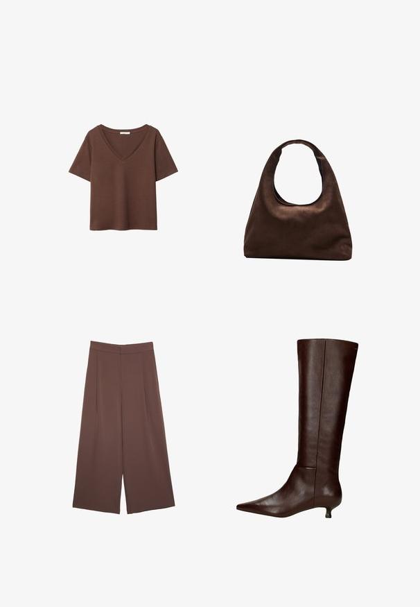 Hnědý bavlněný tričko s krátkými rukávy a hlubokým V-výstřihem. Jednoduchý design, měkká textura a rovný lem. Žádné vzory ani akcenty.; Hnědé široké kalhoty s hladkou texturou, vysokým pasem a předními záhyby. Materiál je lehký a volně splývá.; Hnědá kožená vysoká bota po kolena s špičatou špičkou a krátkým blokovým podpatkem. Hladký povrch s minimem švů.; Měkká hnědá kabelka ve stylu hobo s jedním širokým popruhem a zakřiveným horním otvorem, vystavená na bílém pozadí.