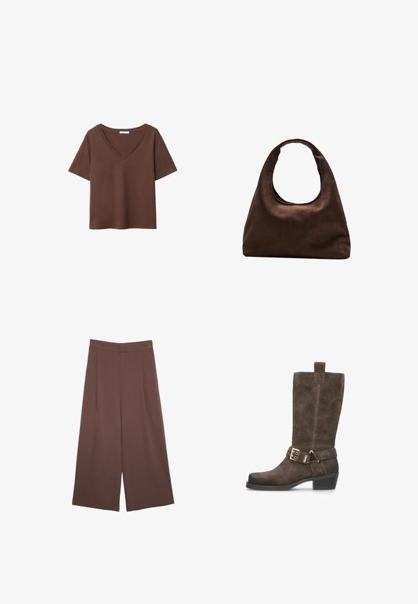 Brązowy bawełniany t-shirt z krótkimi rękawami i głębokim dekoltem w kształcie litery V. Prosty design, miękka faktura i prosty krój u dołu. Brak wzorów i akcentów.; Brązowe spodnie o szerokich nogawkach z gładką fakturą, z wysokim stanem i plisami z przodu. Materiał jest lekki i luźno opada.; Brązowy zamszowy bot na kolano z kwadratowym noskiem, delikatnym obcasem oraz skórzanym paskiem z złotą klamrą.; Miękka, brązowa torebka w stylu hobo z jedną szeroką rączką i wyprofilowanym otwarciem, wyeksponowana na białym tle.