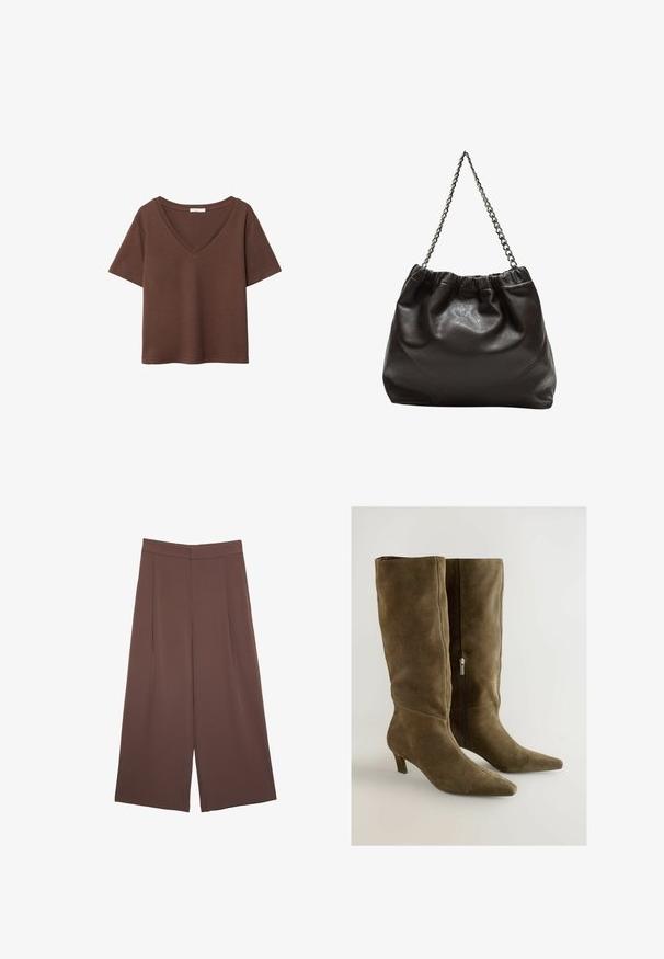 T-shirt en coton brun avec des manches courtes et un décolleté en V profond. Design simple, texture douce et ourlet droit. Pas de motifs ni d'accents.; Pantalons larges marron avec une texture lisse, dotés d'une taille haute et de plis à l'avant. Le tissu est léger et tombe de manière fluide.; Bottes en daim vert olive arrivant au genou avec un bout pointu et une fermeture éclair noire sur le côté. Présente un talon modéré et une texture lisse.; Sac en cuir marron avec un haut froncé et une bandoulière en chaîne. Texture lisse avec une finition brillante et des coutures subtiles sur les côtés.