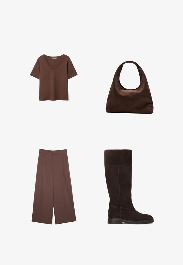 T-shirt in cotone marrone con maniche corte e scollo a V profondo. Design semplice, texture morbida e orlo dritto. Senza fantasie o dettagli.; Pantaloni ampi marroni con una texture liscia, caratterizzati da una vita alta e pieghe frontali. Il tessuto è leggero e scorre liberamente.; Stivale al ginocchio in suede marrone con suola piatta, texture morbida e dettagli di cucitura a contrasto lungo le cuciture. Design con pannelli laterali per una migliore vestibilità.; Borsa hobo di un morbido marrone con una sola tracolla larga e un'apertura a manico curvo, esposta su uno sfondo bianco.