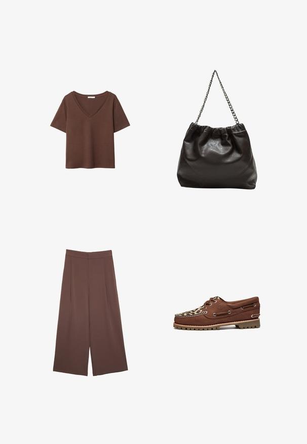 Braunes Baumwoll-T-Shirt mit kurzen Ärmeln und tiefem V-Ausschnitt. Einfaches Design, weiche Textur und gerade Saumlinie. Keine Muster oder Akzente.; Braune Weite-Leg-Hosen mit einer glatten Textur, hoher Taille und Vorderfalten. Der Stoff ist leicht und fällt locker.; Timberland Bootsschuh - medium brown nubuck; Braune Lederhandtasche mit gerafftem Oberteil und Kettenriemen. Glatte Textur mit glänzendem Finish und subtilen Nahtdetails an den Seiten.