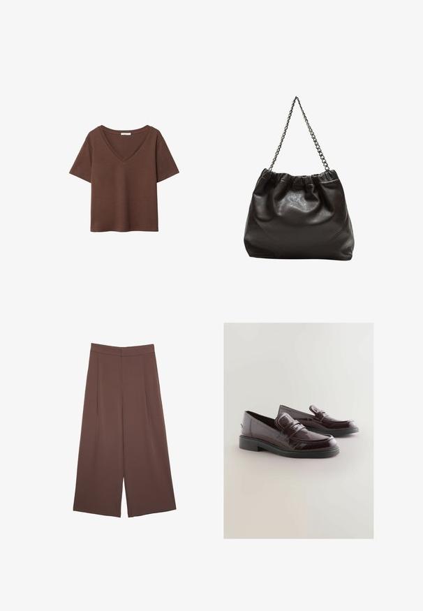 T-shirt en coton brun avec des manches courtes et un décolleté en V profond. Design simple, texture douce et ourlet droit. Pas de motifs ni d'accents.; Pantalons larges marron avec une texture lisse, dotés d'une taille haute et de plis à l'avant. Le tissu est léger et tombe de manière fluide.; Mocassins en cuir verni bordeaux avec un bout arrondi, une semelle intérieure coussinée et une semelle en caoutchouc noire. Présente une sangle décorative sur le devant.; Sac en cuir marron avec un haut froncé et une bandoulière en chaîne. Texture lisse avec une finition brillante et des coutures subtiles sur les côtés.