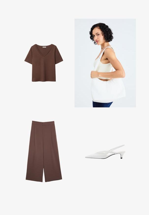 T-shirt in cotone marrone con maniche corte e scollo a V profondo. Design semplice, texture morbida e orlo dritto. Senza fantasie o dettagli.; Pantaloni ampi marroni con una texture liscia, caratterizzati da una vita alta e pieghe frontali. Il tessuto è leggero e scorre liberamente.; Décolleté bianco con punta affilata, caratterizzato da una tomaia liscia, sottili aperture e un tacco a blocco basso. La suola nera esalta il design.; Borsa a spalla bianca realizzata in materiale morbido, con un ritaglio ovale e un design a tracolla ampia. Semplice e moderna, senza hardware visibili.