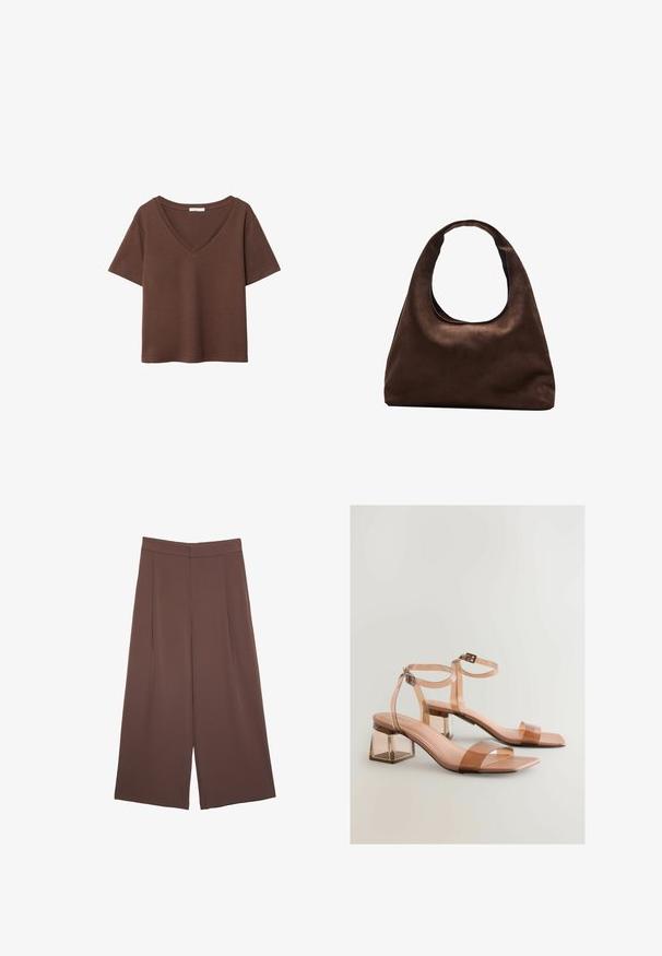 Braunes Baumwoll-T-Shirt mit kurzen Ärmeln und tiefem V-Ausschnitt. Einfaches Design, weiche Textur und gerade Saumlinie. Keine Muster oder Akzente.; Braune Weite-Leg-Hosen mit einer glatten Textur, hoher Taille und Vorderfalten. Der Stoff ist leicht und fällt locker.; Transparente Sandalen mit Blockabsatz und nude-farbenen Riemen, quadratische Zehenpartie und verstellbare Knöchelriemen; glatte Textur und glänzende Oberfläche.; Weiche braune Hobo-Stil Handtasche mit einem einzigen breiten Trageriemen und einer geschwungenen Oberteilöffnung, auf einem weißen Hintergrund präsentiert.